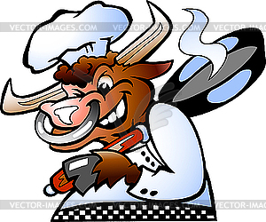 Bull Chef holding Pan over his schoulder - vector image