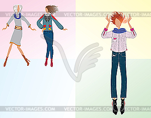 Three girls dressed fashionably - vector image