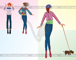 Three girls dressed fashionably - vector image