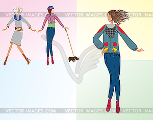 Три девушки в модной одежде - иллюстрация в векторе