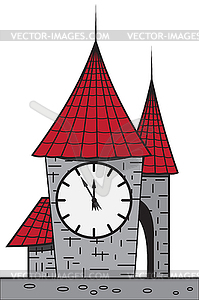 Cartoon castle with clock - color vector clipart