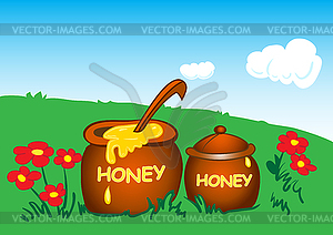 Pots with honey - color vector clipart