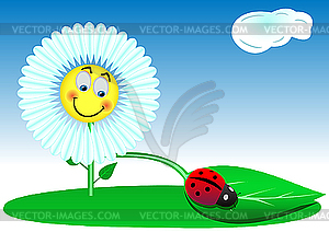 Funny flower and ladybird - vector image