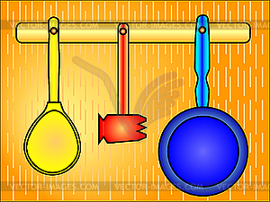 Spoon, hammer and frying pan - vector image