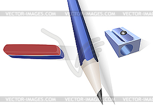 Pencil, pencil sharpener and an elastic band - vector clipart