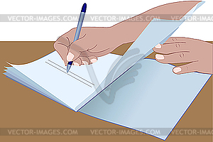 Hands signing the document - vector clipart