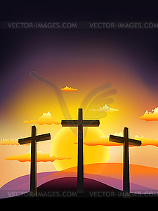 Three crosses on the Calvary at sunset - vector clipart