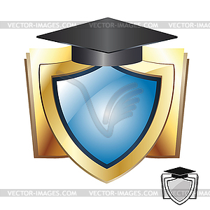 Golden shield with hat and an opened book - vector clipart