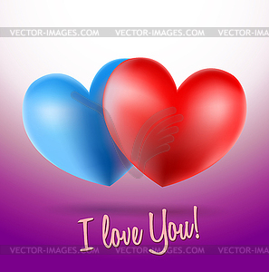 Blue and red heart symbols on violet background - vector image