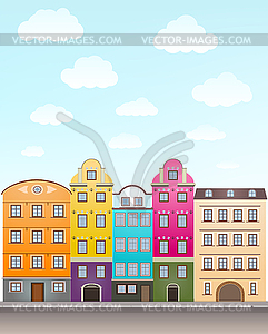 Retro houses and sky with clouds - vector clipart