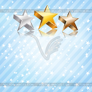 Golden, silver and bronze stars on blue background - vector image