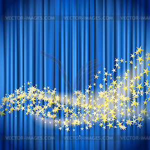 Golden stars flowing over blue curtain background - vector image
