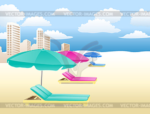 Chairs with umbrellas on beach with clouds and - vector clipart / vector image