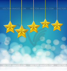 Golden stars on ropes on blue background - vector clip art