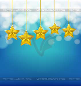 Golden stars on ropes on blue blurred background - royalty-free vector clipart