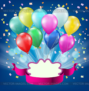 Colorful balloons, confetti, light burst, ribbon an - vector image