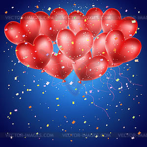 Heart balloons and confetti flying on blue - vector clipart