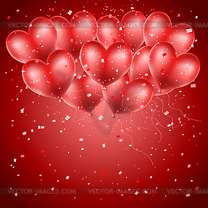 Heart balloons flying on red confetti background. - vector clip art