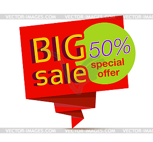Big sale red paper banner with 50% special offer - vector image