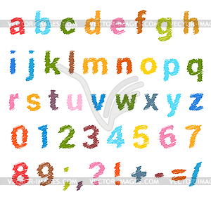 Sketched alphabet set. Lowercase letters and numbers - vector image