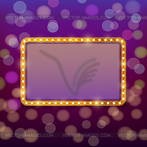 Golden frame with light bulbs on blurry fairy tale - vector clip art