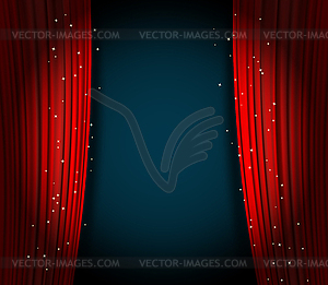 Red curtains background with glittering stars - vector clipart