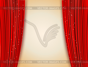 Open red curtains with glittering stars background - vector image