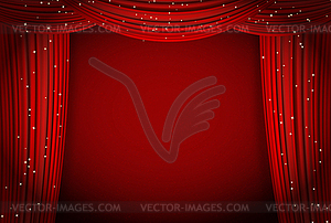 Red curtains on red background with glittering - vector image