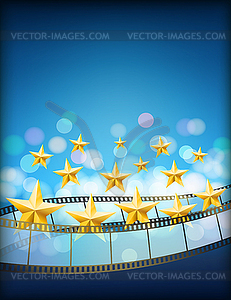 Cinema blue background with filmstrips and golden - vector clipart