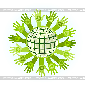 Abstract with raising hands and planet with recyc - vector image