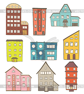 Set of cartoon houses. drawing of retro and modern - vector image