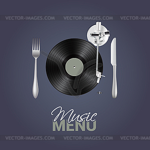 Music menu with vinyl, knife ,fork background - vector image