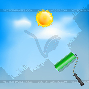 Roller brush painting blue sky with sun and clouds - vector clipart