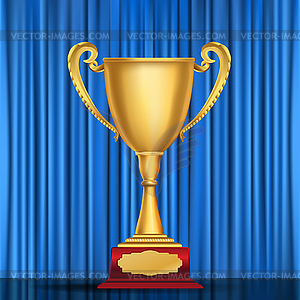 Golden sports cup on blue curtain background. - vector image