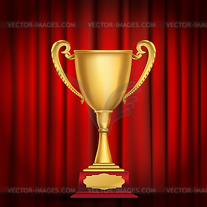 Trophy golden cup on red curtain background - royalty-free vector image
