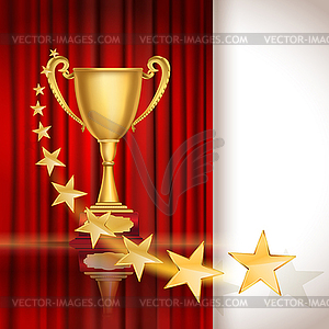 Golden sports cup on red curtain background with - vector image