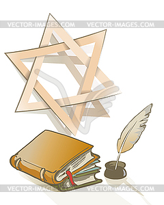 Ancient books and feather and Star of David sign - vector image