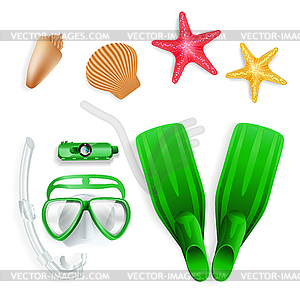 Diving equipment, starfish and sea shells - vector clip art