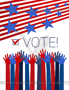 Vote conceptual with raising hands, red stripes - vector clipart