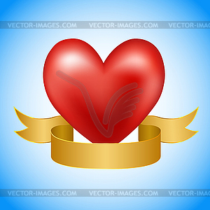 Red heart with golden ribbon on blue background - vector image