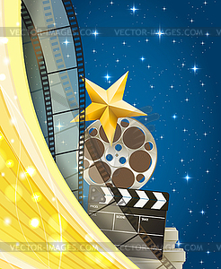 Cinema background with retro filmstrip, clapper - color vector clipart