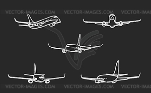 Set of outline chalk airplanes for Your design. - vector clipart / vector image