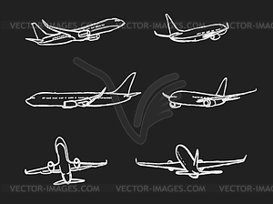 Set of outline chalk airplanes for Your design. - vector image