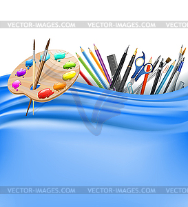 Color palette and office supplies and blue silk - vector image
