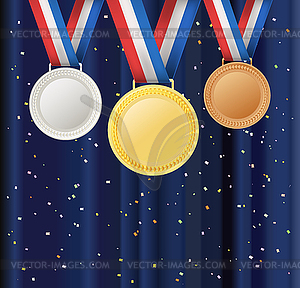 Set of medals and ribbons over curtain background - vector clipart