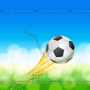 Flying soccer ball over green and blue landscape - vector clipart