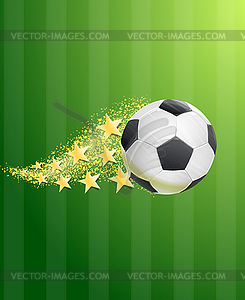 Soccer ball flying over green football field with - vector clip art