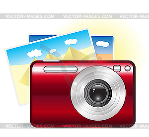 Red camera with travel photos - vector clipart