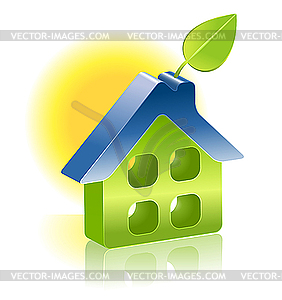 3d house icon with green leaf - vector clip art