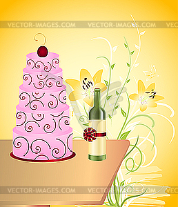 Wine bottle and cake - vector clipart